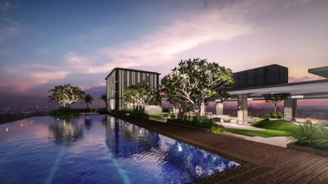 Sky Deck Pool at dusk on The Erin Heights roof deck, DMCI Homes condo in Quezon City, architect's perspective