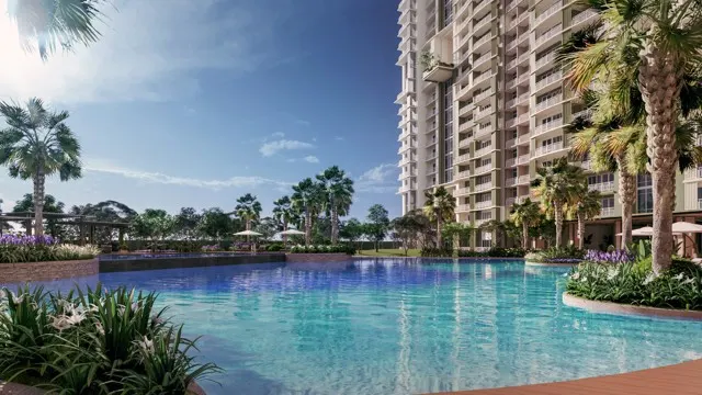 Swimming pool deck at Kalea Heights with the Leia building tower facade, DMCI Homes condo in Guadalupe, Cebu City