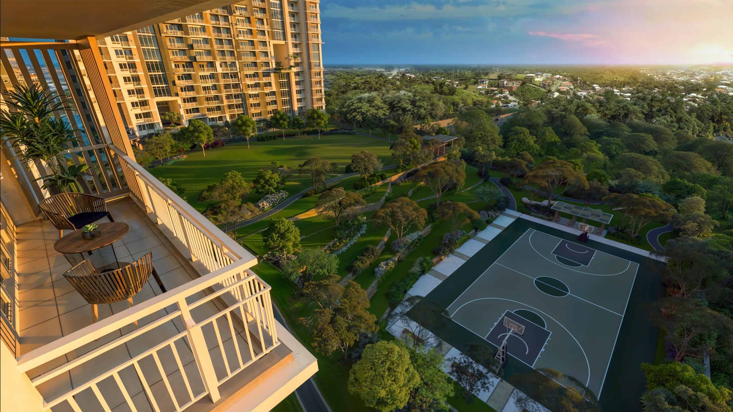 Artist’s illustration of the Azure District, with an amphitheater, activity lawn, and basketball court.
