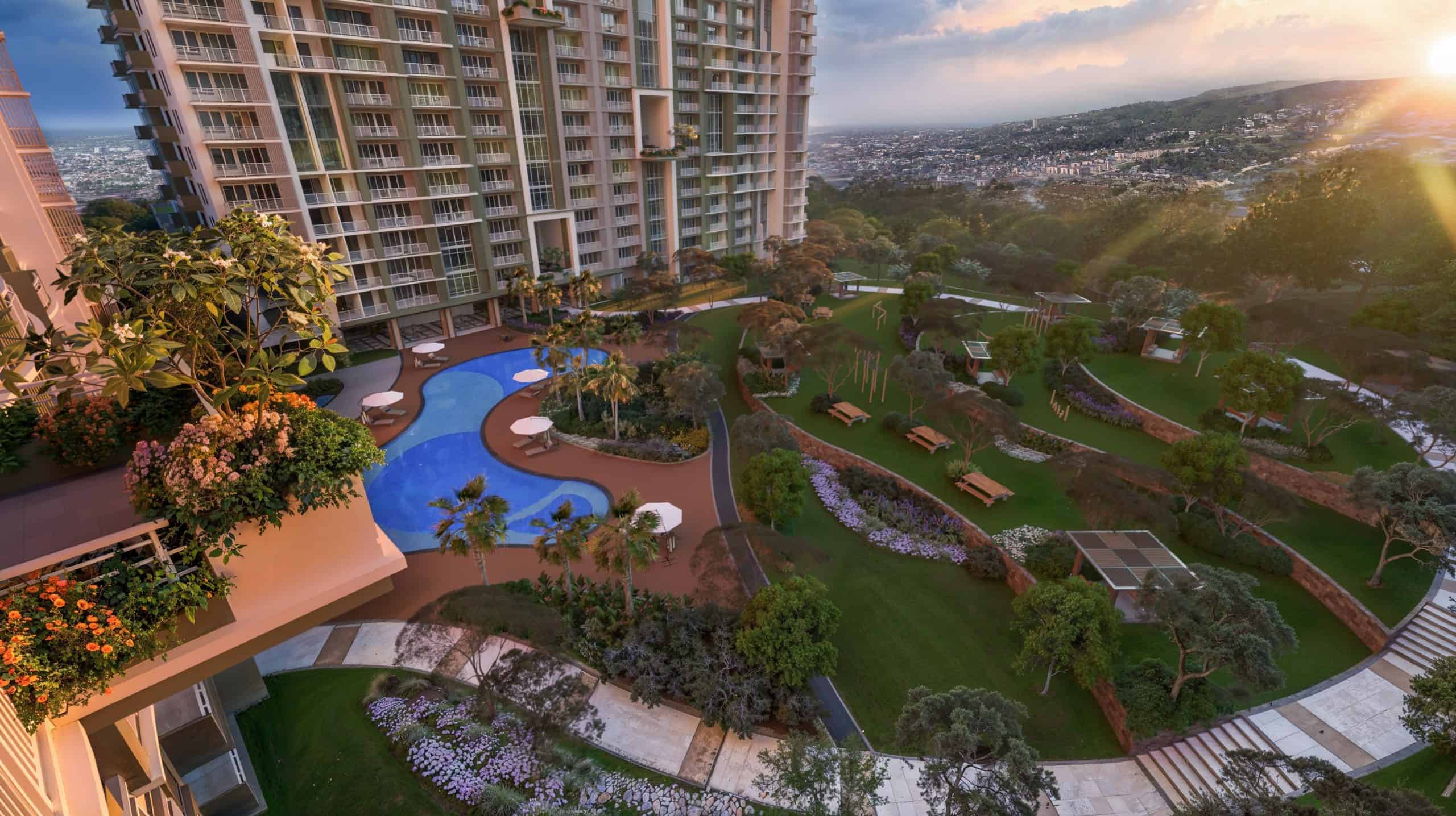 Artist’s illustration of the Dusk District, complete with leisure pool and terrace garden.