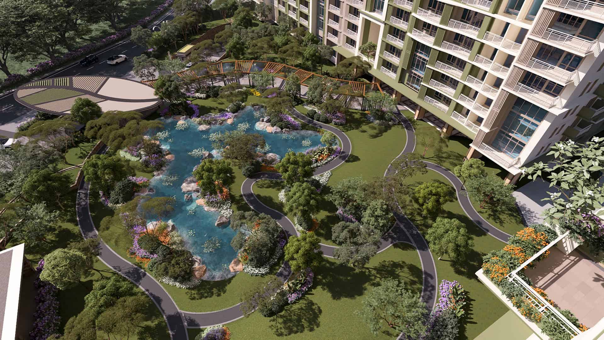 Artist’s illustration of the Summit District, highlighting its signature Water Garden.